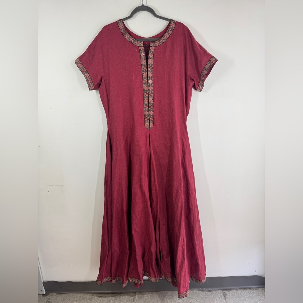 Elegant Flowy Burgundy Short Sleeve Ultra Maxi Dress Cottagecore Festival Resort - Picture 2 of 14